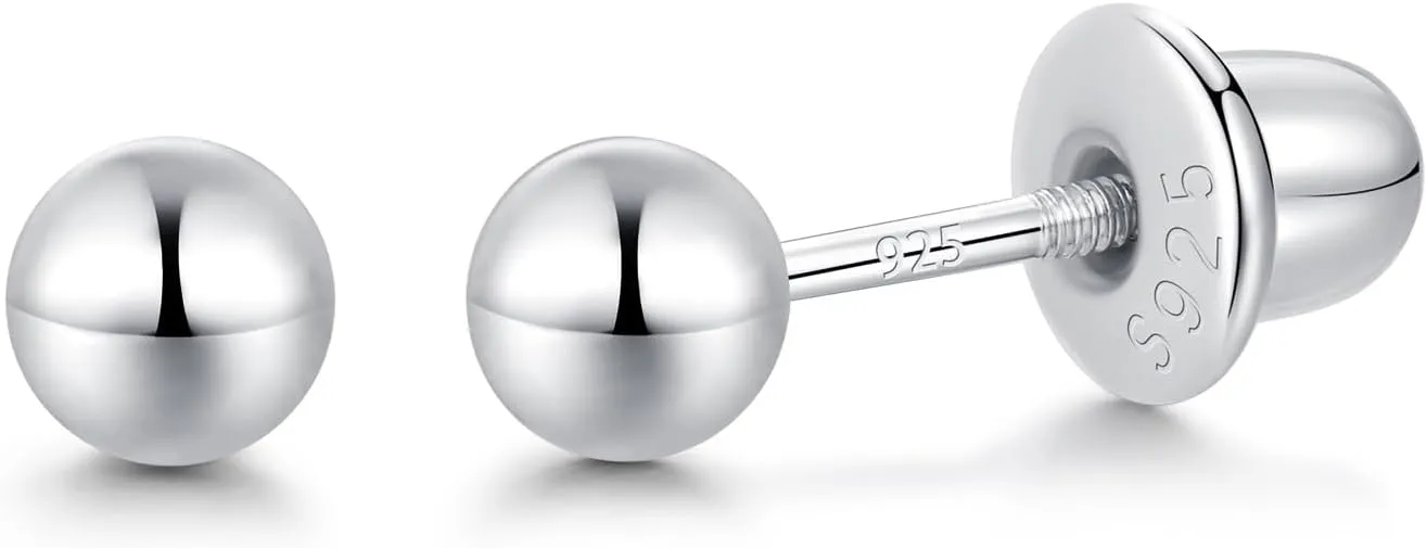 Ball Screw Back Earrings for Women 925 Sterling Silver Hypoallergenic Available in 3mm-5mm Classic Round Ball Studs