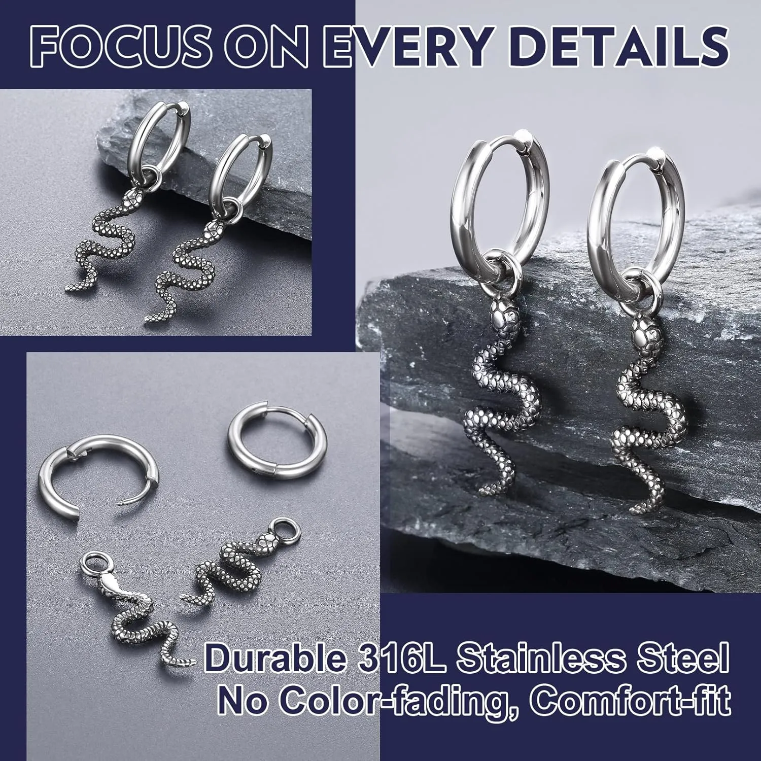 Bandmax Snake Animal Earrings for Women, Silver/Black Serpent Huggie Hoop Earrings Hypoallergenic Gothic Punk Earrings for Men Women