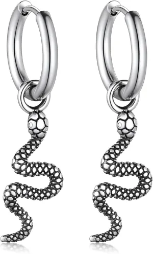 Bandmax Snake Animal Earrings for Women, Silver/Black Serpent Huggie Hoop Earrings Hypoallergenic Gothic Punk Earrings for Men Women
