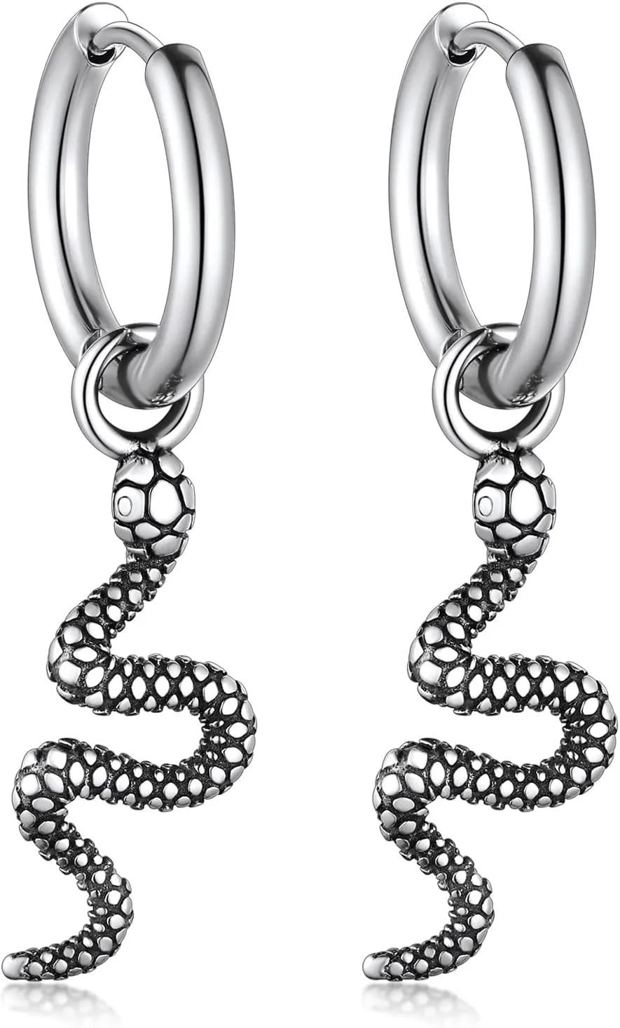 Bandmax Snake Animal Earrings for Women, Silver/Black Serpent Huggie Hoop Earrings Hypoallergenic Gothic Punk Earrings for Men Women
