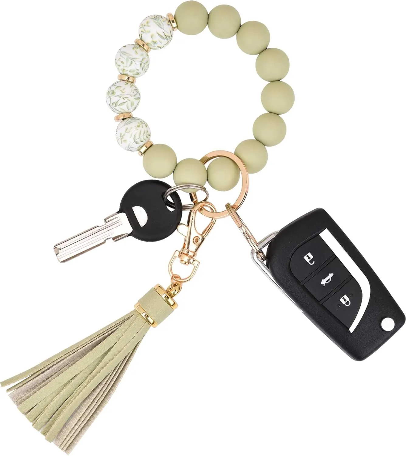 BAOSIWA Silicone Beaded Bracelet Keychain Wristlet Key Ring Bangle Chains for Women with Leather Tassel