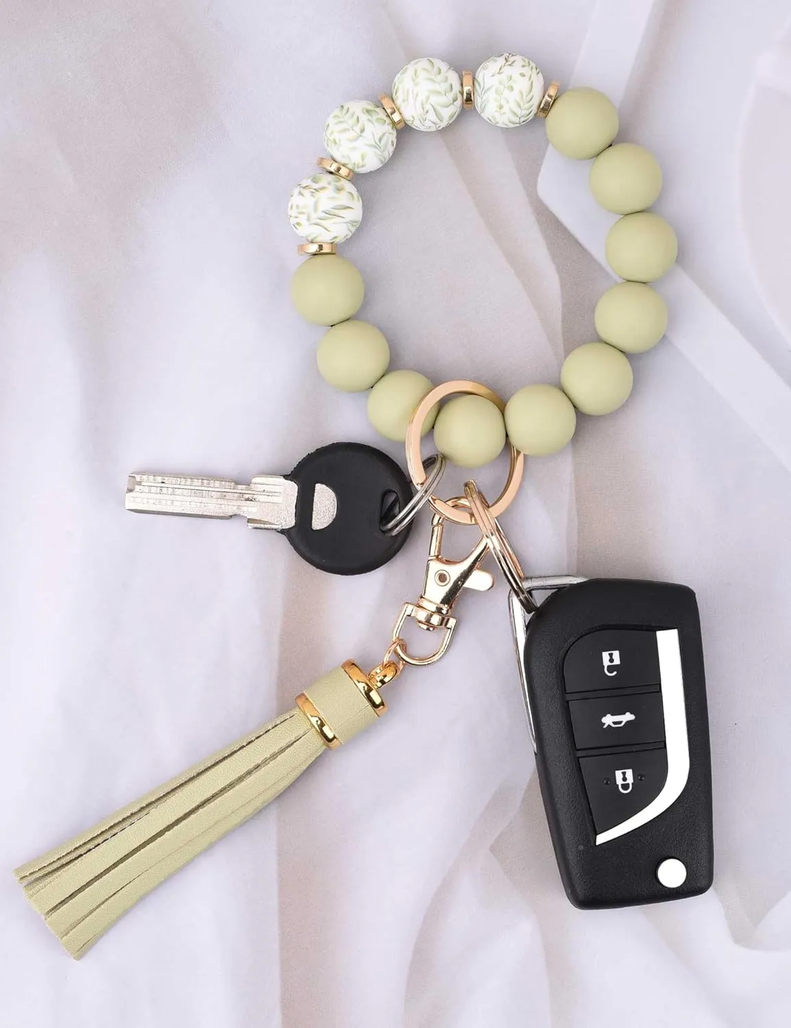 BAOSIWA Silicone Beaded Bracelet Keychain Wristlet Key Ring Bangle Chains for Women with Leather Tassel