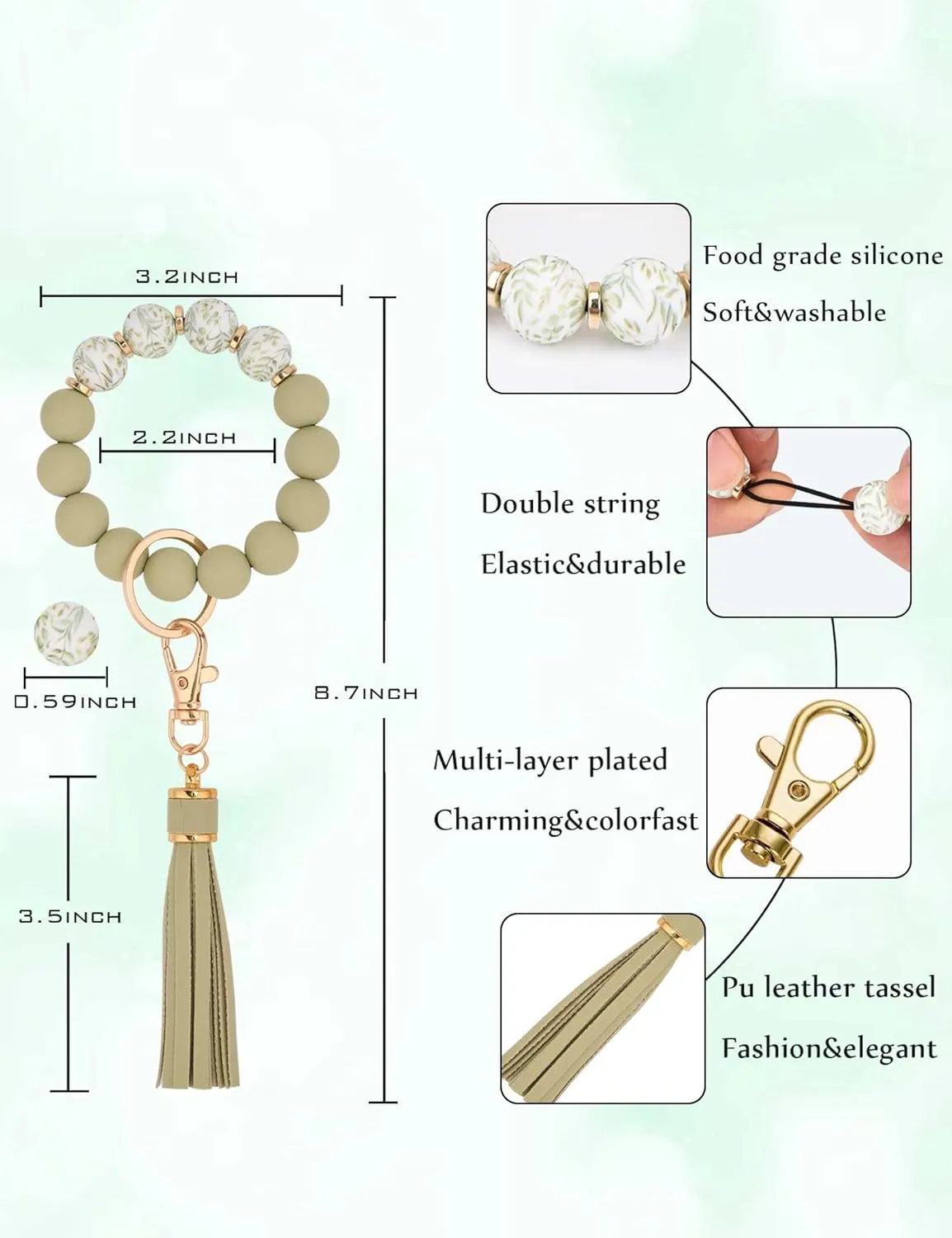 BAOSIWA Silicone Beaded Bracelet Keychain Wristlet Key Ring Bangle Chains for Women with Leather Tassel