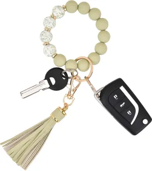BAOSIWA Silicone Beaded Bracelet Keychain Wristlet Key Ring Bangle Chains for Women with Leather Tassel