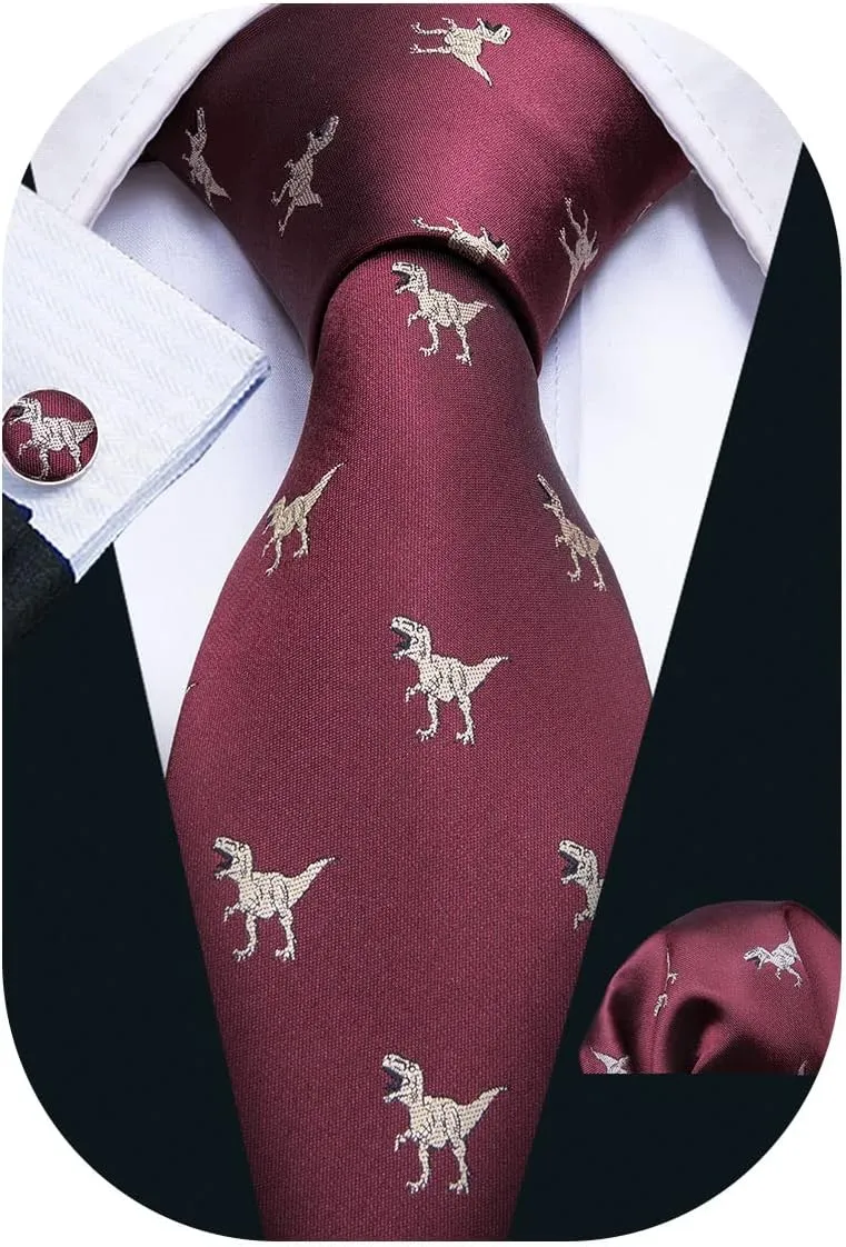 Barry.Wang Fun Animal Ties for Men Designer Handkerchief Cufflink WOVEN Casual Necktie Set Festival