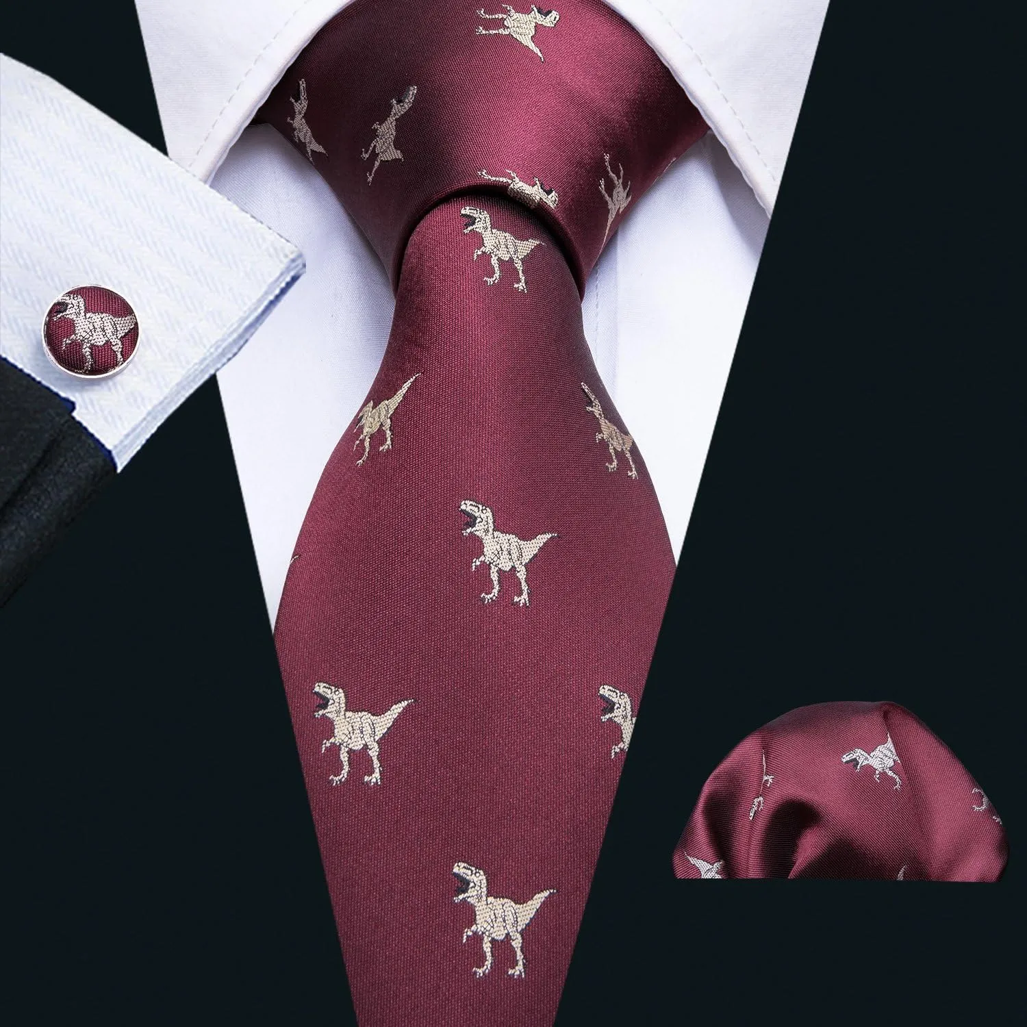 Barry.Wang Fun Animal Ties for Men Designer Handkerchief Cufflink WOVEN Casual Necktie Set Festival
