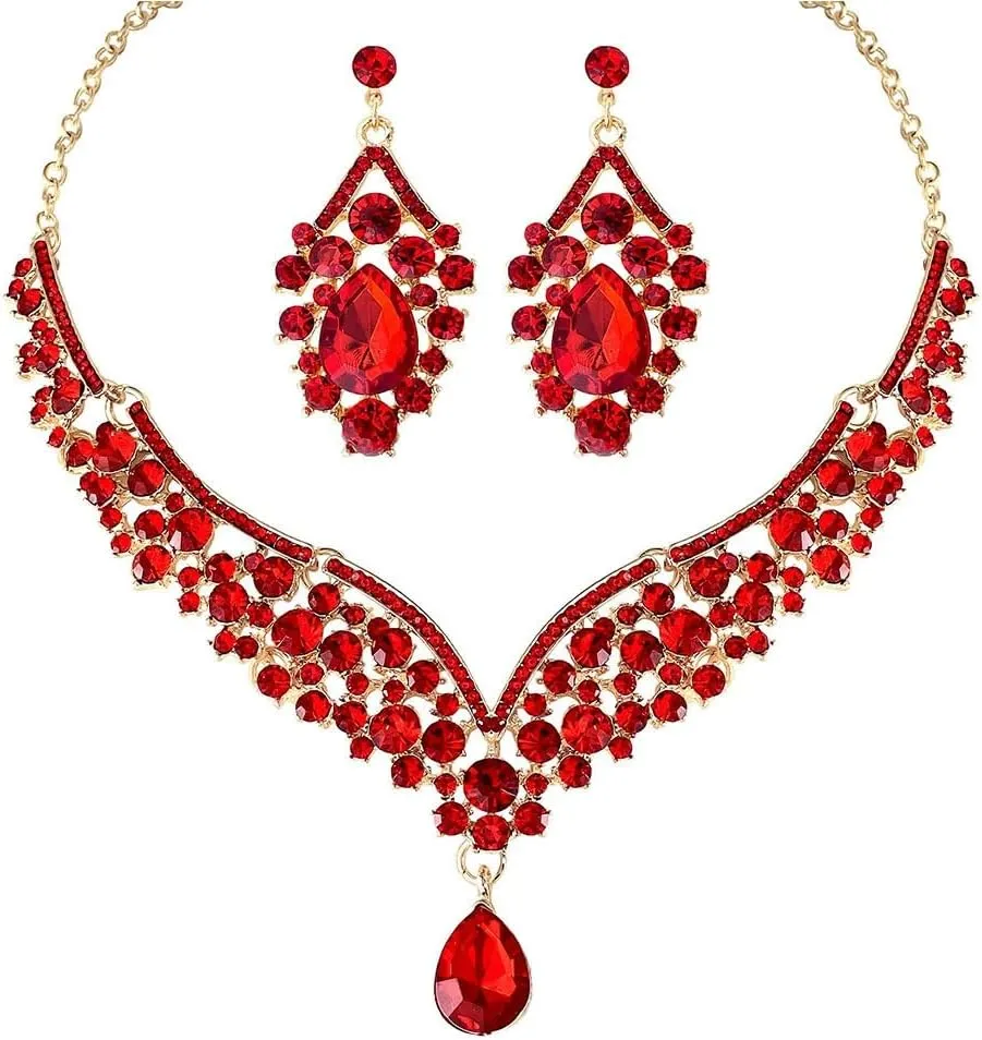 Beaded Necklace and Earring Set with Rhinestone Chains, Clear Stones, Fashion Jewelry Accessories for Women