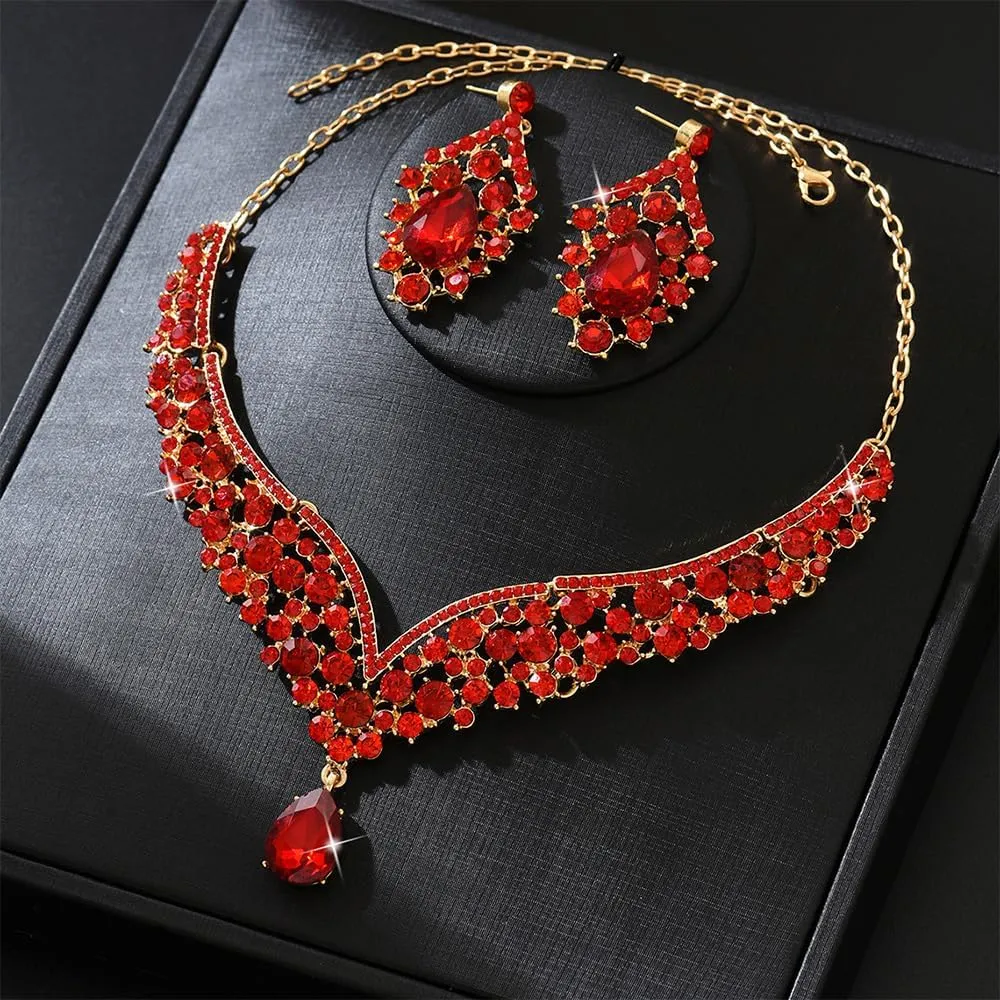 Beaded Necklace and Earring Set with Rhinestone Chains, Clear Stones, Fashion Jewelry Accessories for Women
