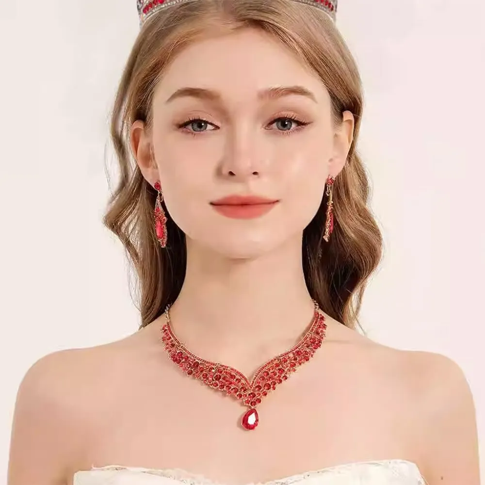 Beaded Necklace and Earring Set with Rhinestone Chains, Clear Stones, Fashion Jewelry Accessories for Women