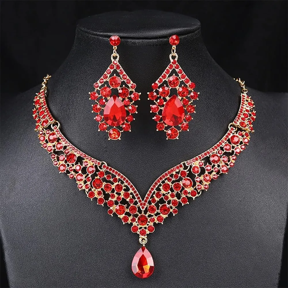 Beaded Necklace and Earring Set with Rhinestone Chains, Clear Stones, Fashion Jewelry Accessories for Women