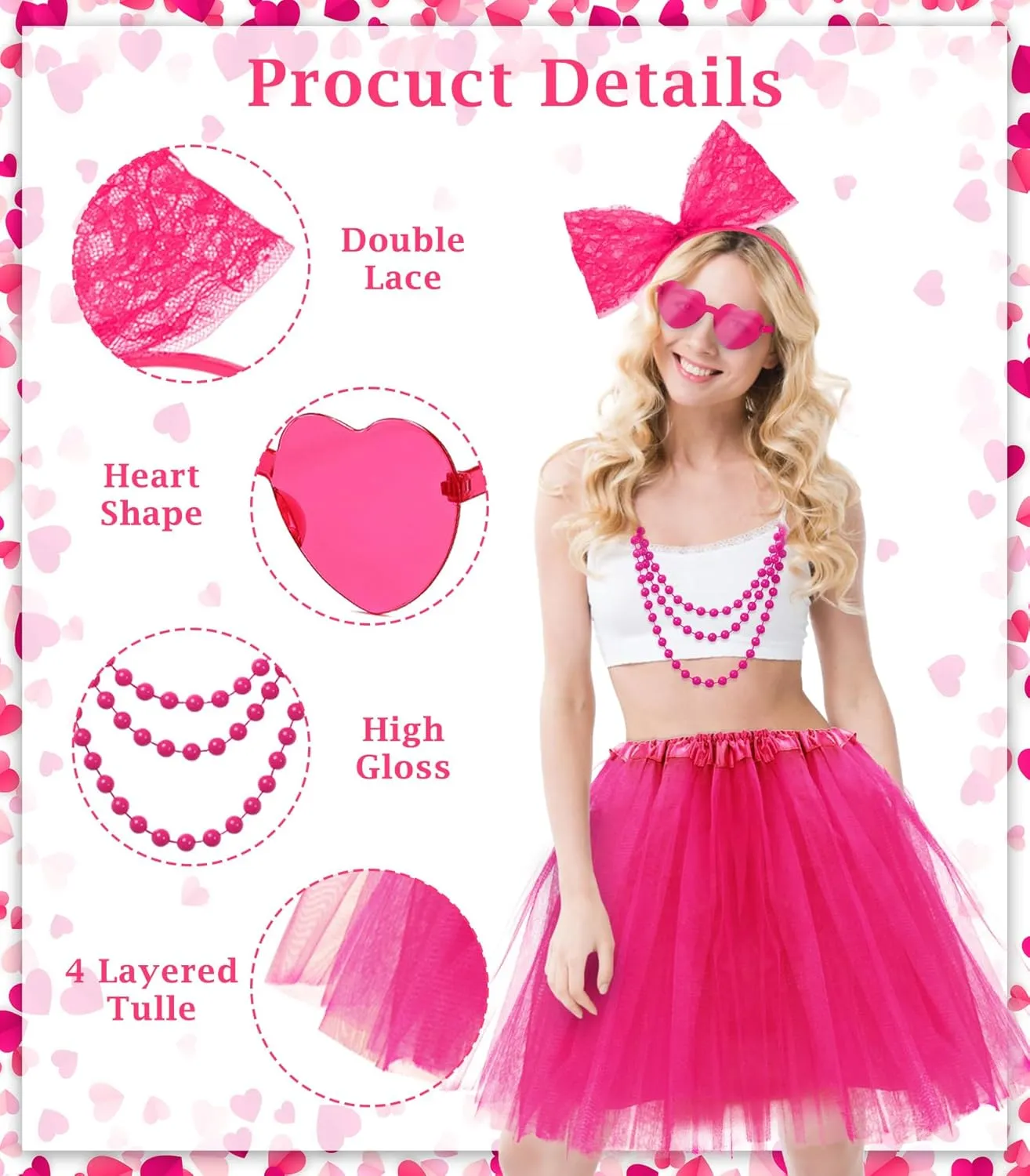 BEARAE Tutu Costume Set, Tutu Dress with Heart Sunglasses Headband Necklace, Tulle Skirts Costume Accessories for Women Girls