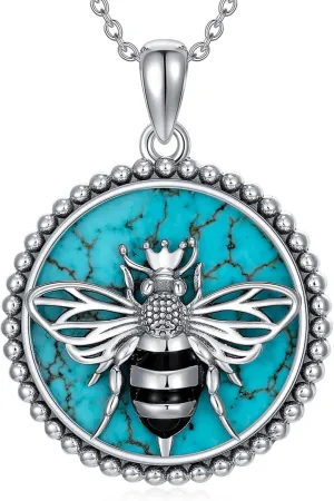 Bee Necklaces for Women 925 Sterling Silver Genuine Turquoise Bumble Bee Necklace Bumblebee Pendant Bee Charms Turquoise Jewelry Mother's Day Gifts for Mom Wife