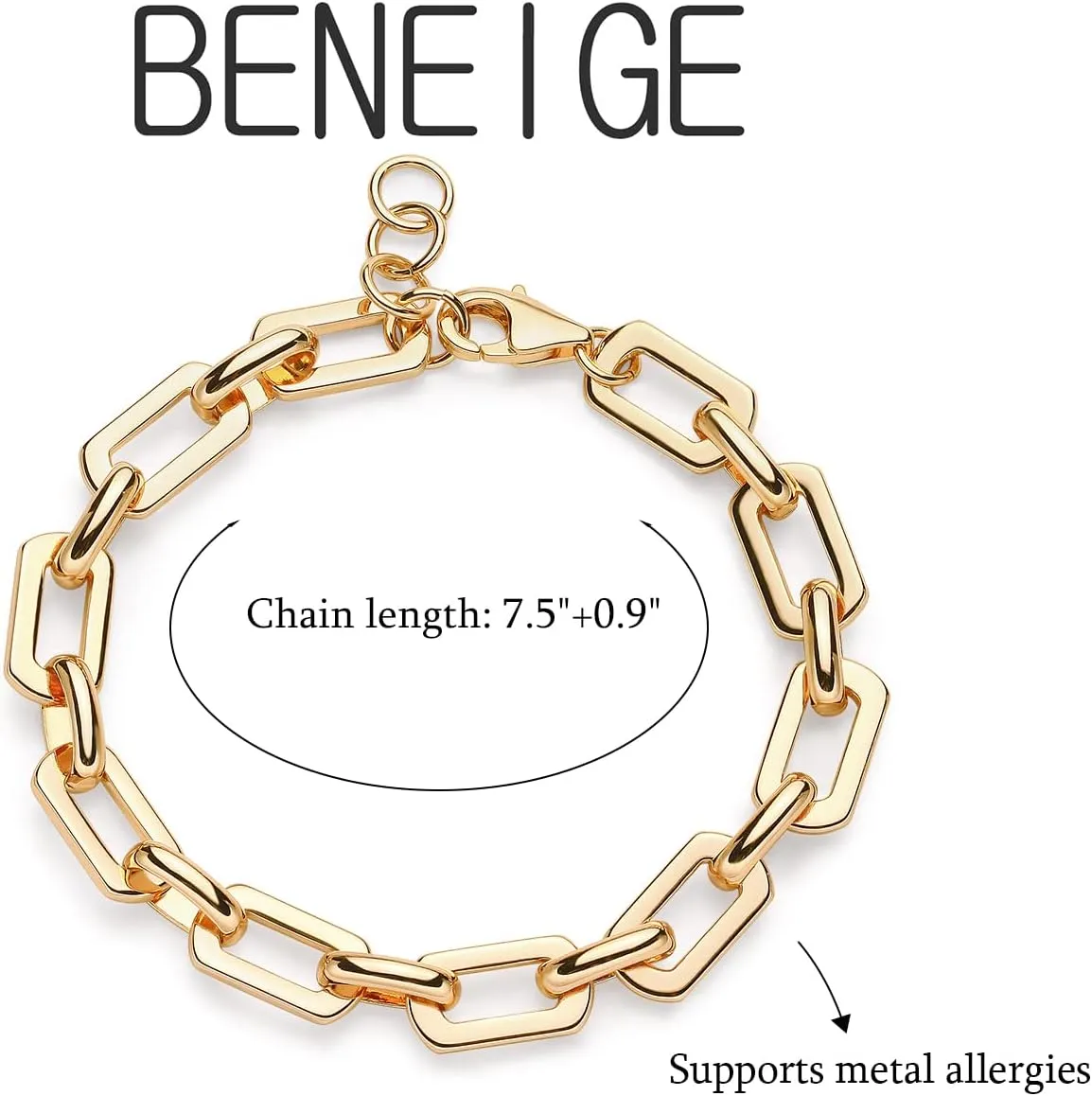 BENEIGE Women Bracelet 14K Gold Plated Paperclip Satellite Bead Ball Oval Cuba Cable Box Chain Daily Charm Layered Link Silver Bracelets Adjustable Jewelry