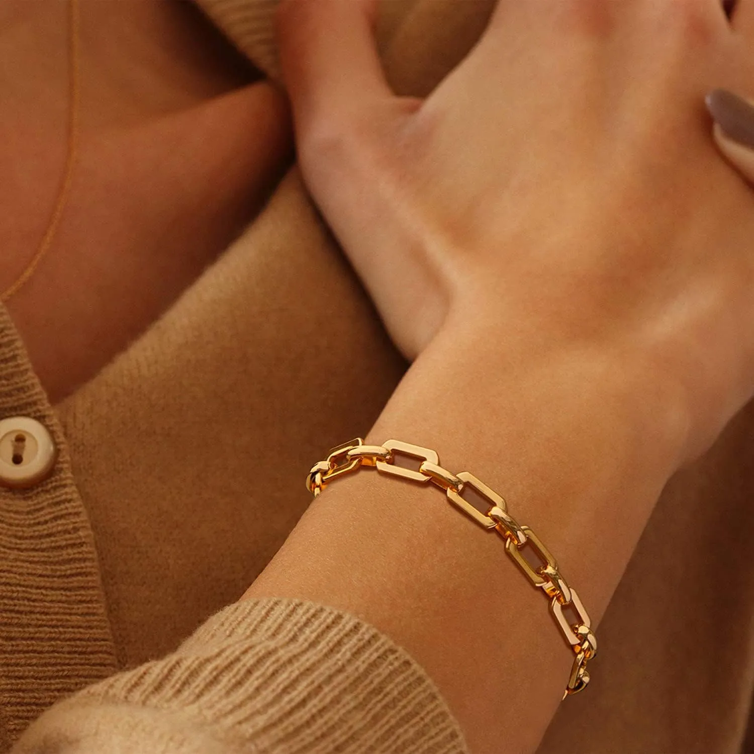 BENEIGE Women Bracelet 14K Gold Plated Paperclip Satellite Bead Ball Oval Cuba Cable Box Chain Daily Charm Layered Link Silver Bracelets Adjustable Jewelry