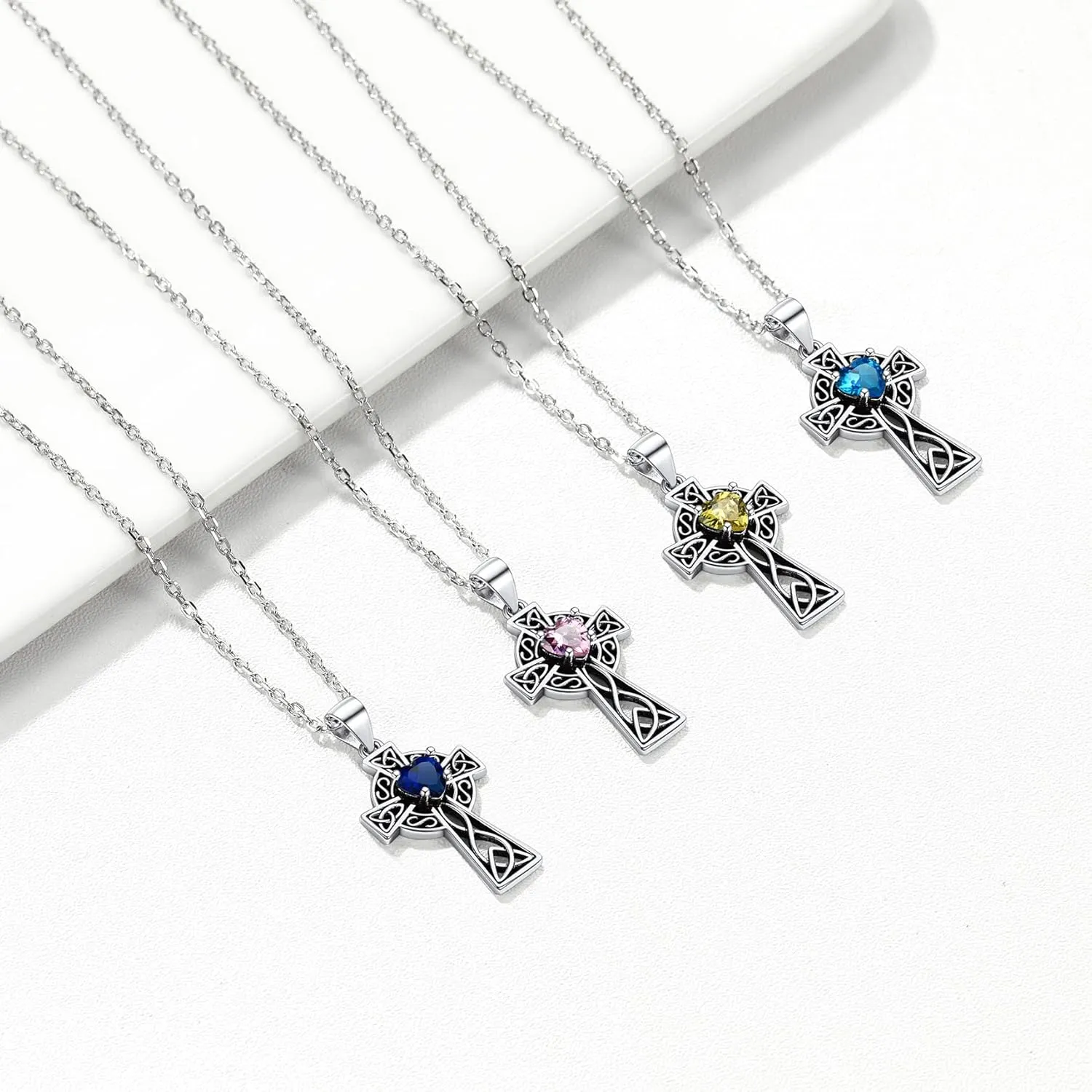Bestyle Silver Celtic Cross Necklace with 12 Month Heart Birthstone, Dainty Celtic Birthstone Necklace Silver Chain for Women Faith Irish Amulet Lucky Birthstone Jewelry