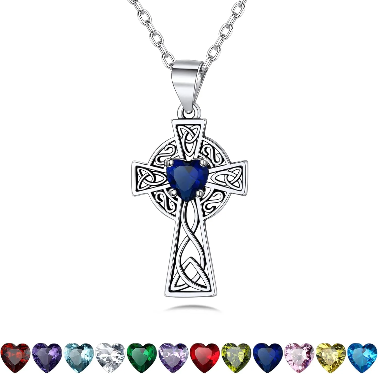 Bestyle Silver Celtic Cross Necklace with 12 Month Heart Birthstone, Dainty Celtic Birthstone Necklace Silver Chain for Women Faith Irish Amulet Lucky Birthstone Jewelry