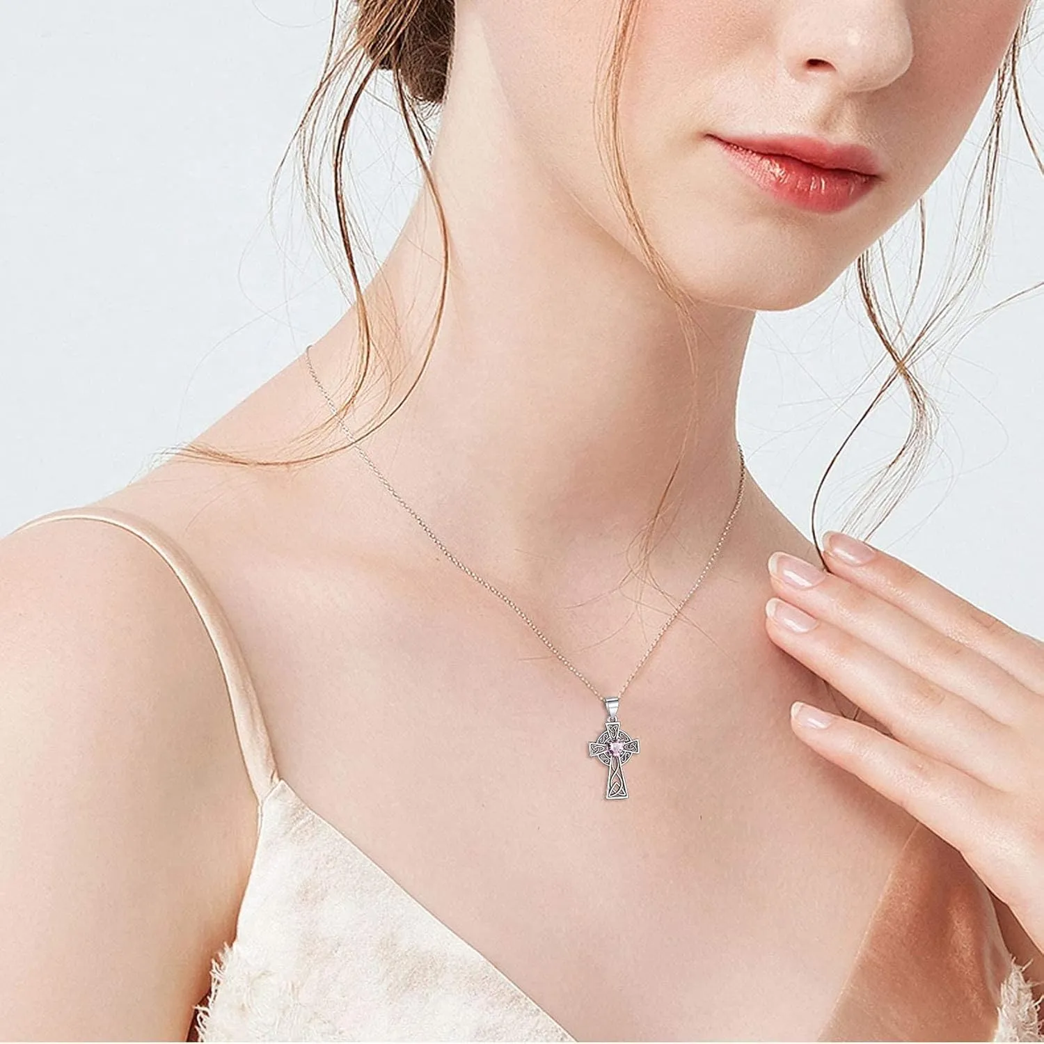 Bestyle Silver Celtic Cross Necklace with 12 Month Heart Birthstone, Dainty Celtic Birthstone Necklace Silver Chain for Women Faith Irish Amulet Lucky Birthstone Jewelry