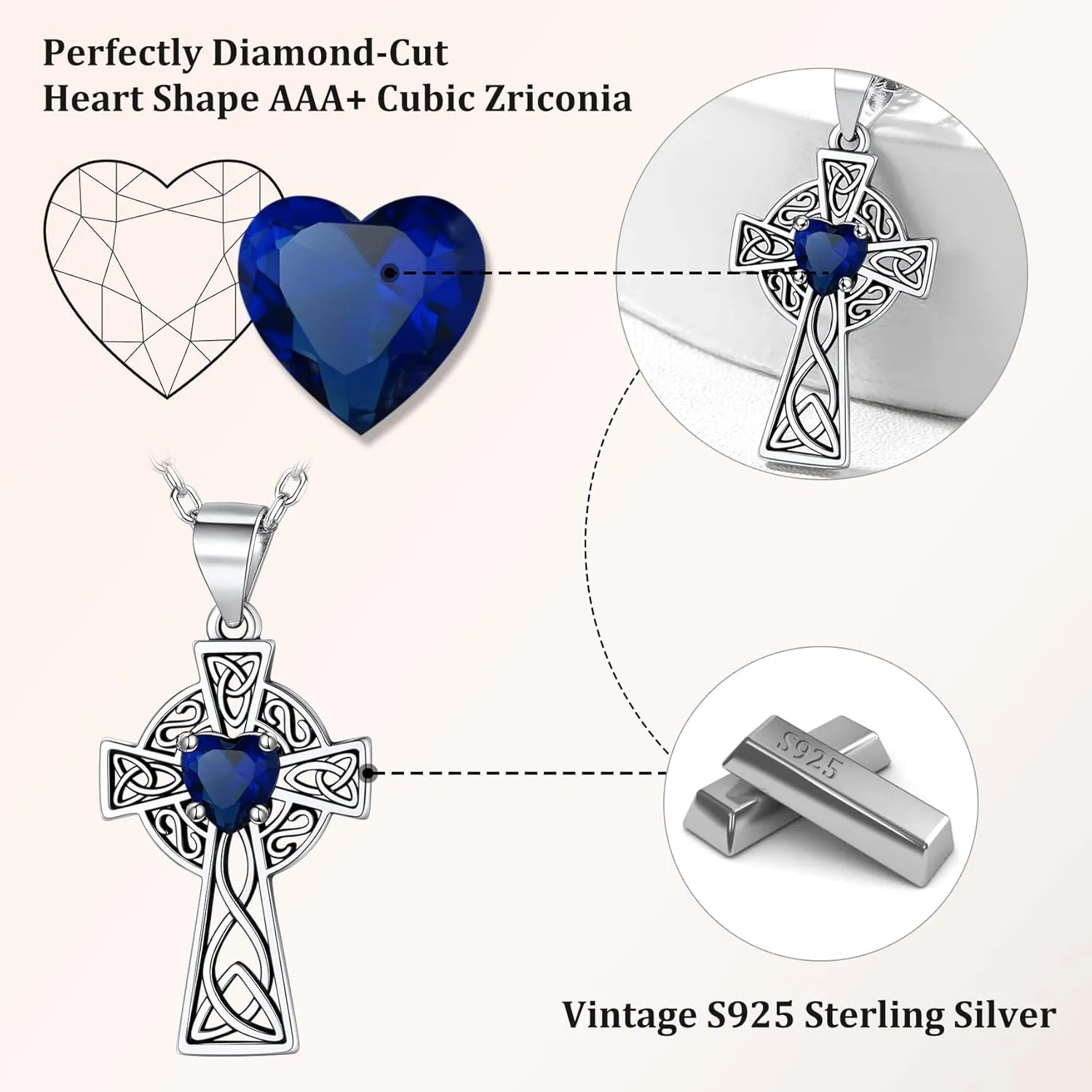 Bestyle Silver Celtic Cross Necklace with 12 Month Heart Birthstone, Dainty Celtic Birthstone Necklace Silver Chain for Women Faith Irish Amulet Lucky Birthstone Jewelry