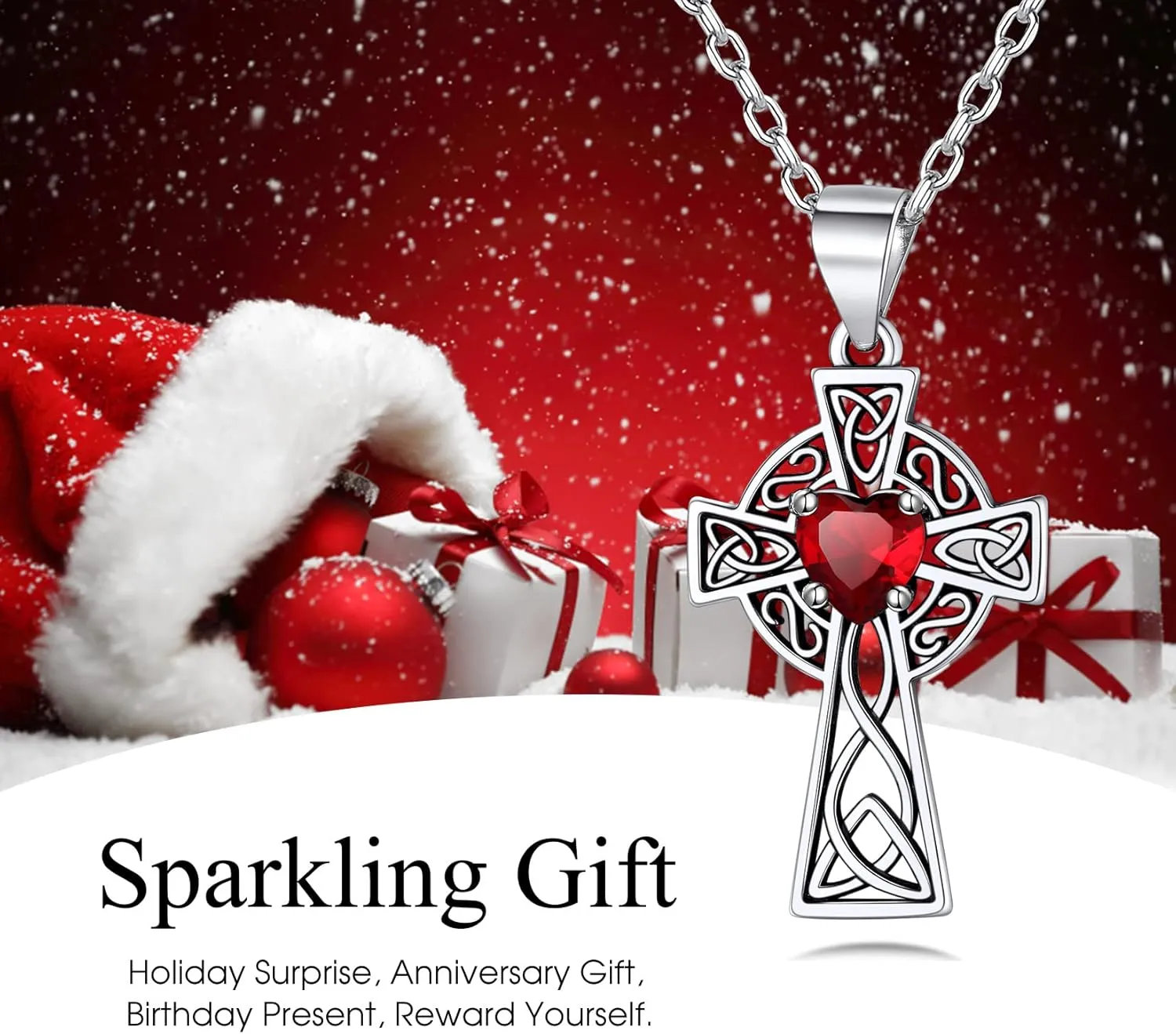Bestyle Silver Celtic Cross Necklace with 12 Month Heart Birthstone, Dainty Celtic Birthstone Necklace Silver Chain for Women Faith Irish Amulet Lucky Birthstone Jewelry