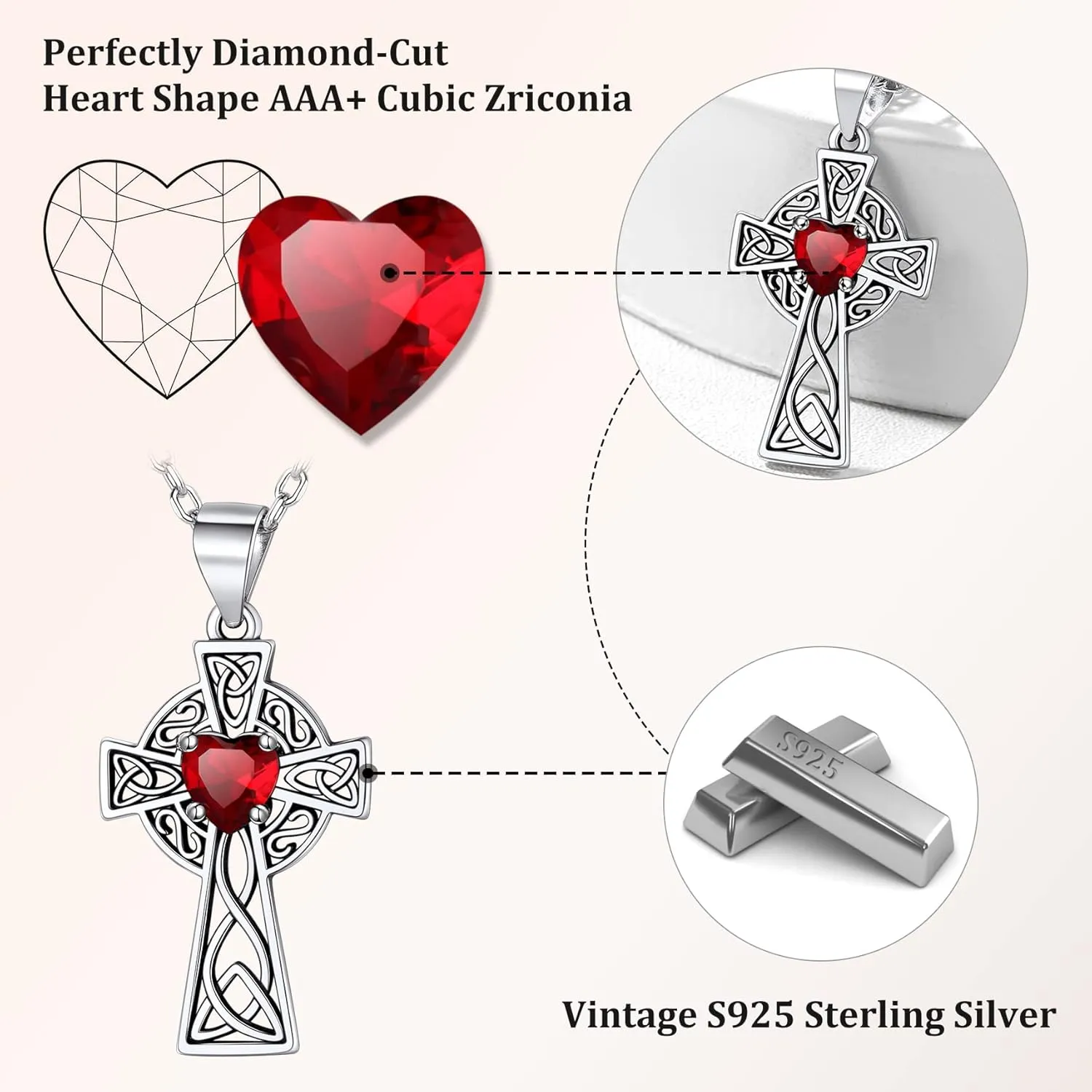 Bestyle Silver Celtic Cross Necklace with 12 Month Heart Birthstone, Dainty Celtic Birthstone Necklace Silver Chain for Women Faith Irish Amulet Lucky Birthstone Jewelry