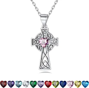 Bestyle Silver Celtic Cross Necklace with 12 Month Heart Birthstone, Dainty Celtic Birthstone Necklace Silver Chain for Women Faith Irish Amulet Lucky Birthstone Jewelry