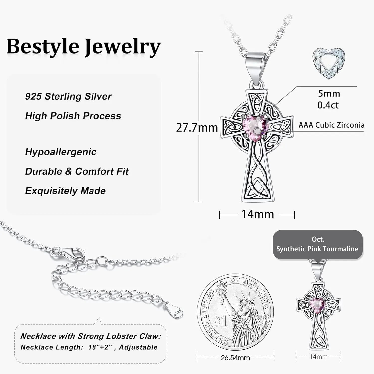 Bestyle Silver Celtic Cross Necklace with 12 Month Heart Birthstone, Dainty Celtic Birthstone Necklace Silver Chain for Women Faith Irish Amulet Lucky Birthstone Jewelry