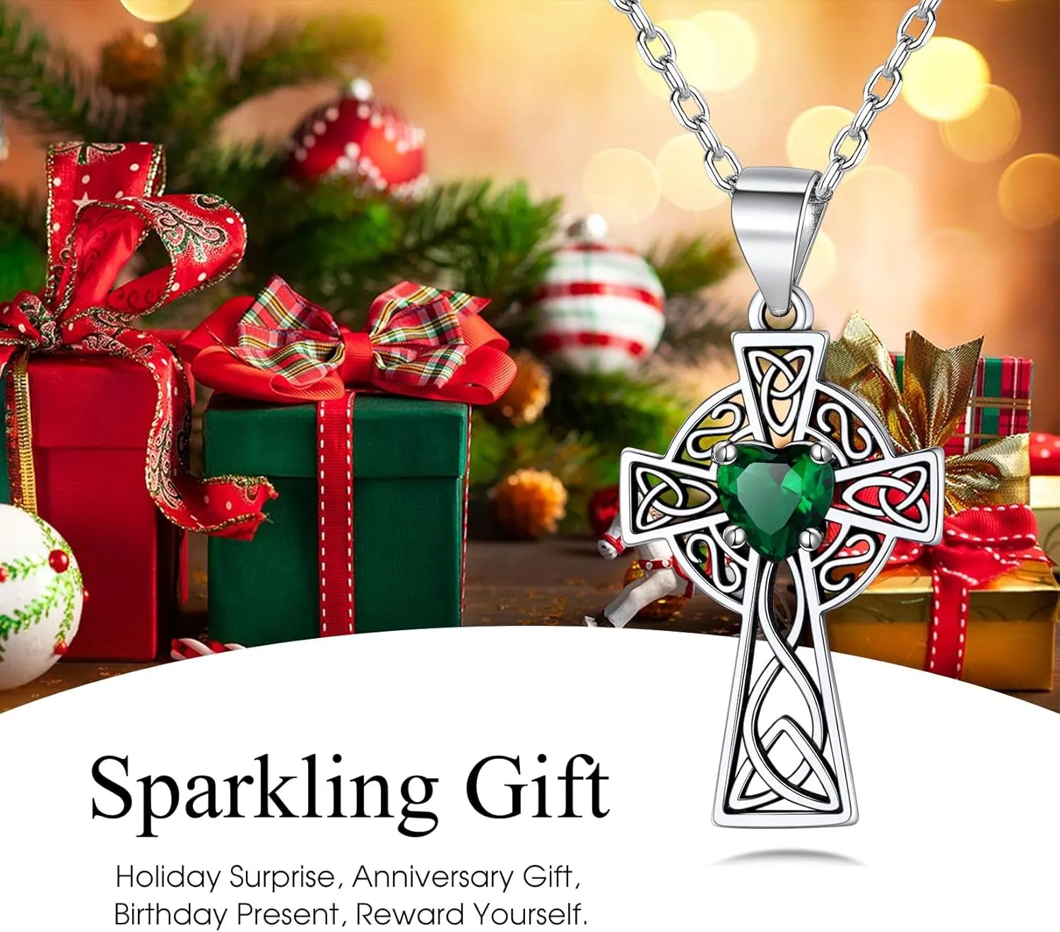 Bestyle Silver Celtic Cross Necklace with 12 Month Heart Birthstone, Dainty Celtic Birthstone Necklace Silver Chain for Women Faith Irish Amulet Lucky Birthstone Jewelry