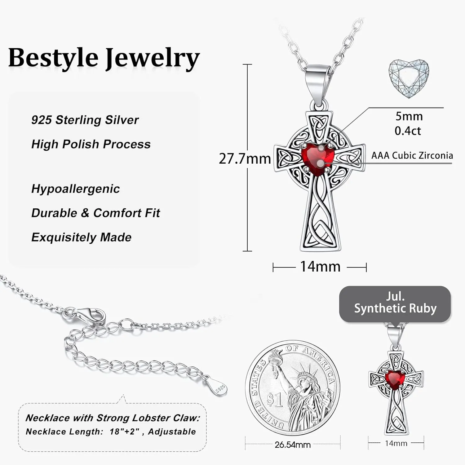 Bestyle Silver Celtic Cross Necklace with 12 Month Heart Birthstone, Dainty Celtic Birthstone Necklace Silver Chain for Women Faith Irish Amulet Lucky Birthstone Jewelry