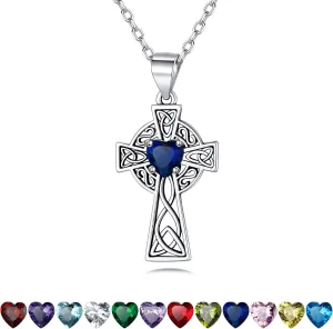 Bestyle Silver Celtic Cross Necklace with 12 Month Heart Birthstone, Dainty Celtic Birthstone Necklace Silver Chain for Women Faith Irish Amulet Lucky Birthstone Jewelry