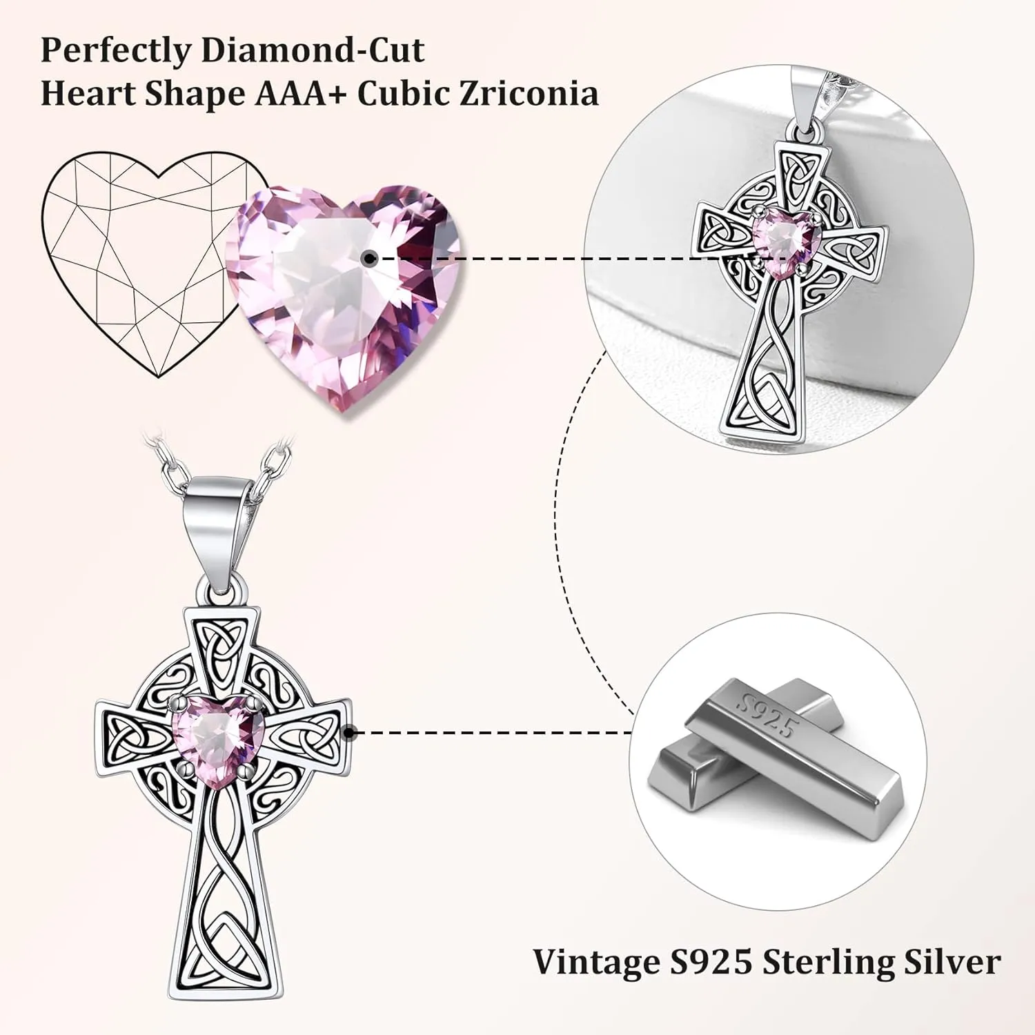 Bestyle Silver Celtic Cross Necklace with 12 Month Heart Birthstone, Dainty Celtic Birthstone Necklace Silver Chain for Women Faith Irish Amulet Lucky Birthstone Jewelry