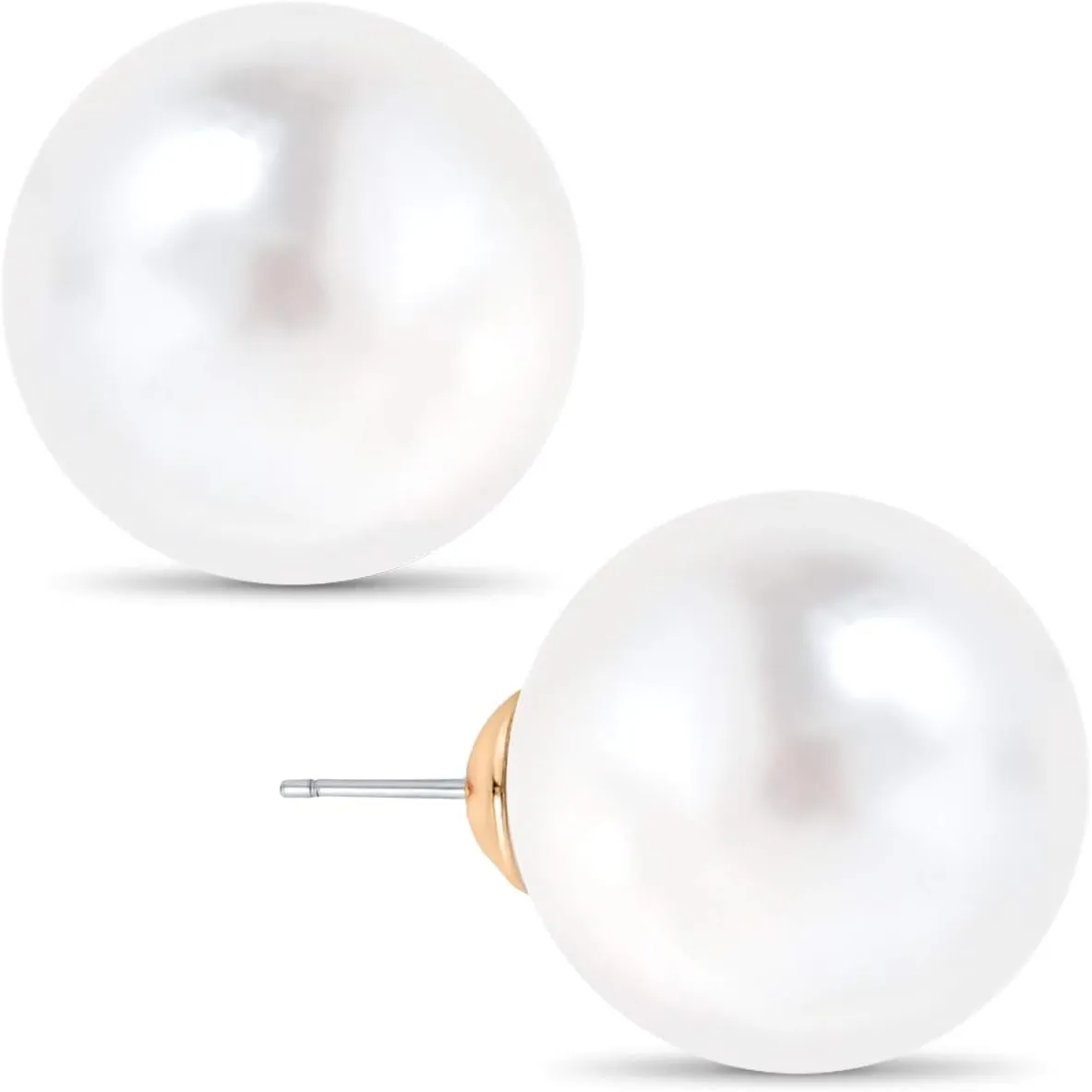 Big Simulated Pearl Earrings for Women - Oversized Classic Faux Round Large Ear Studs, Hypoallergenic and Safe for Sensitive Ears