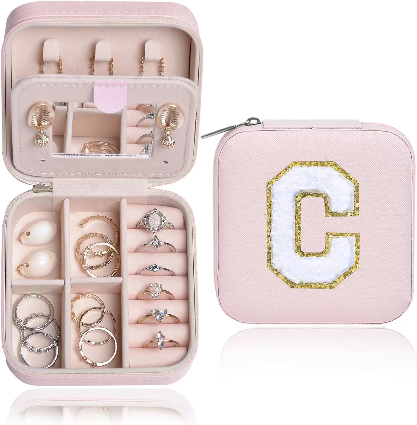 Birthday Gifts for Women Girls - Pink Travel Jewelry Case | Gifts for Women, Mothers, Bridesmaids - Personalized Trendy Travel Jewelry Box With C Initial