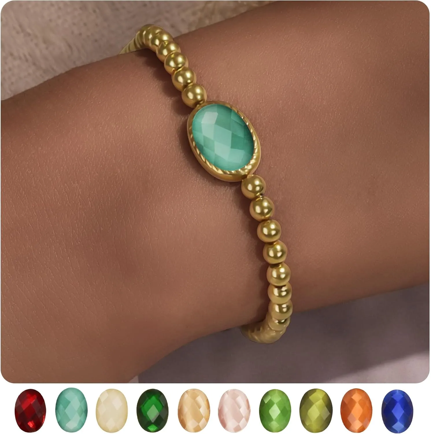 Birthstone Gold Bracelets for Women Non Tarnish Trendy Dainty 14K Gold Plated Bracelet Stack Stackable Blue Green May Emerald Friendship Bracelets Fashion Jewelry Gifts for Mom Best Friend