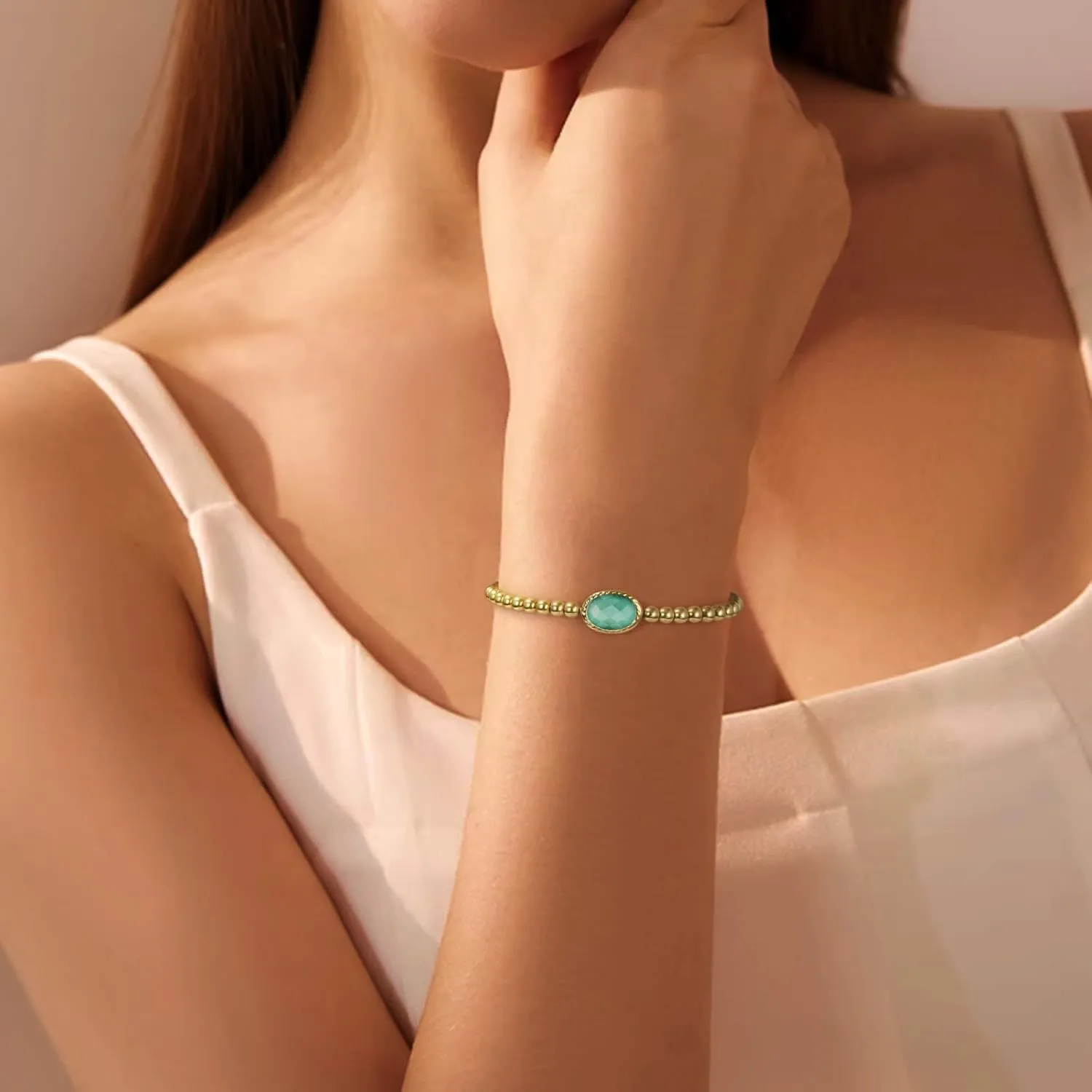 Birthstone Gold Bracelets for Women Non Tarnish Trendy Dainty 14K Gold Plated Bracelet Stack Stackable Blue Green May Emerald Friendship Bracelets Fashion Jewelry Gifts for Mom Best Friend