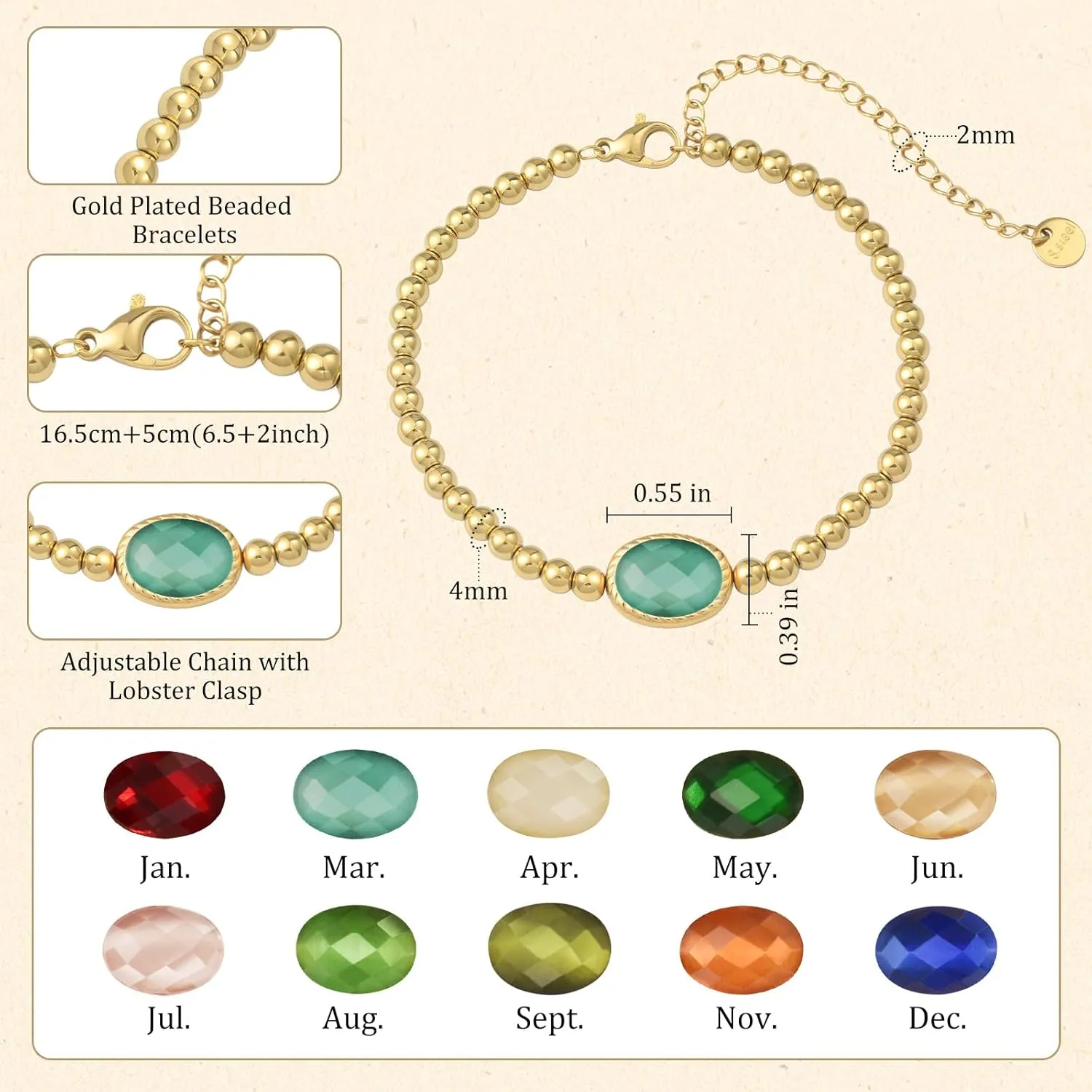 Birthstone Gold Bracelets for Women Non Tarnish Trendy Dainty 14K Gold Plated Bracelet Stack Stackable Blue Green May Emerald Friendship Bracelets Fashion Jewelry Gifts for Mom Best Friend