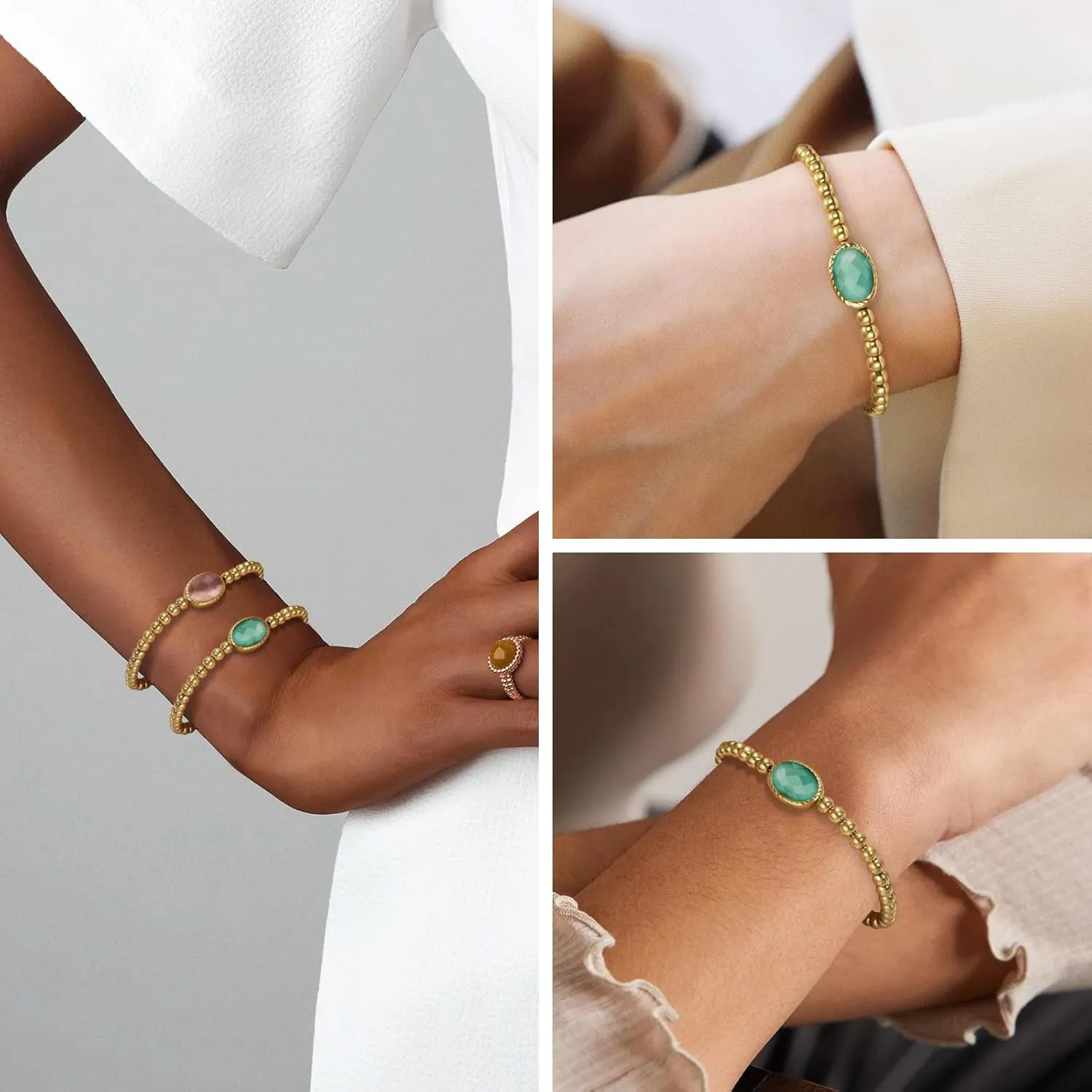 Birthstone Gold Bracelets for Women Non Tarnish Trendy Dainty 14K Gold Plated Bracelet Stack Stackable Blue Green May Emerald Friendship Bracelets Fashion Jewelry Gifts for Mom Best Friend