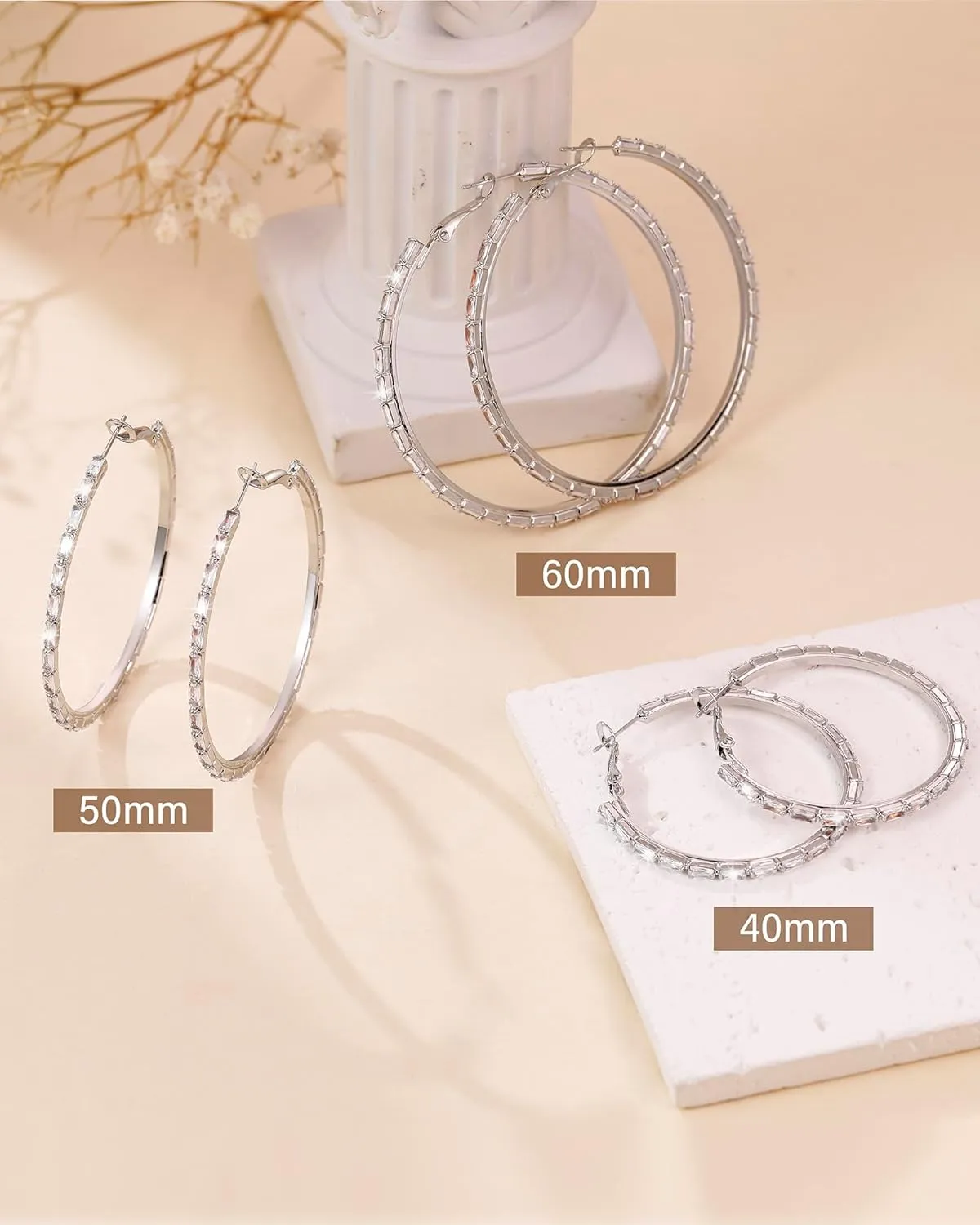 Black Earrings for Women Large Rhinestone Hoop Earrings 14K Gold Silver Plated Big CZ Hoop Earrings Hypoallergenic Jewelry With Crystals For women 40/50/60 mm