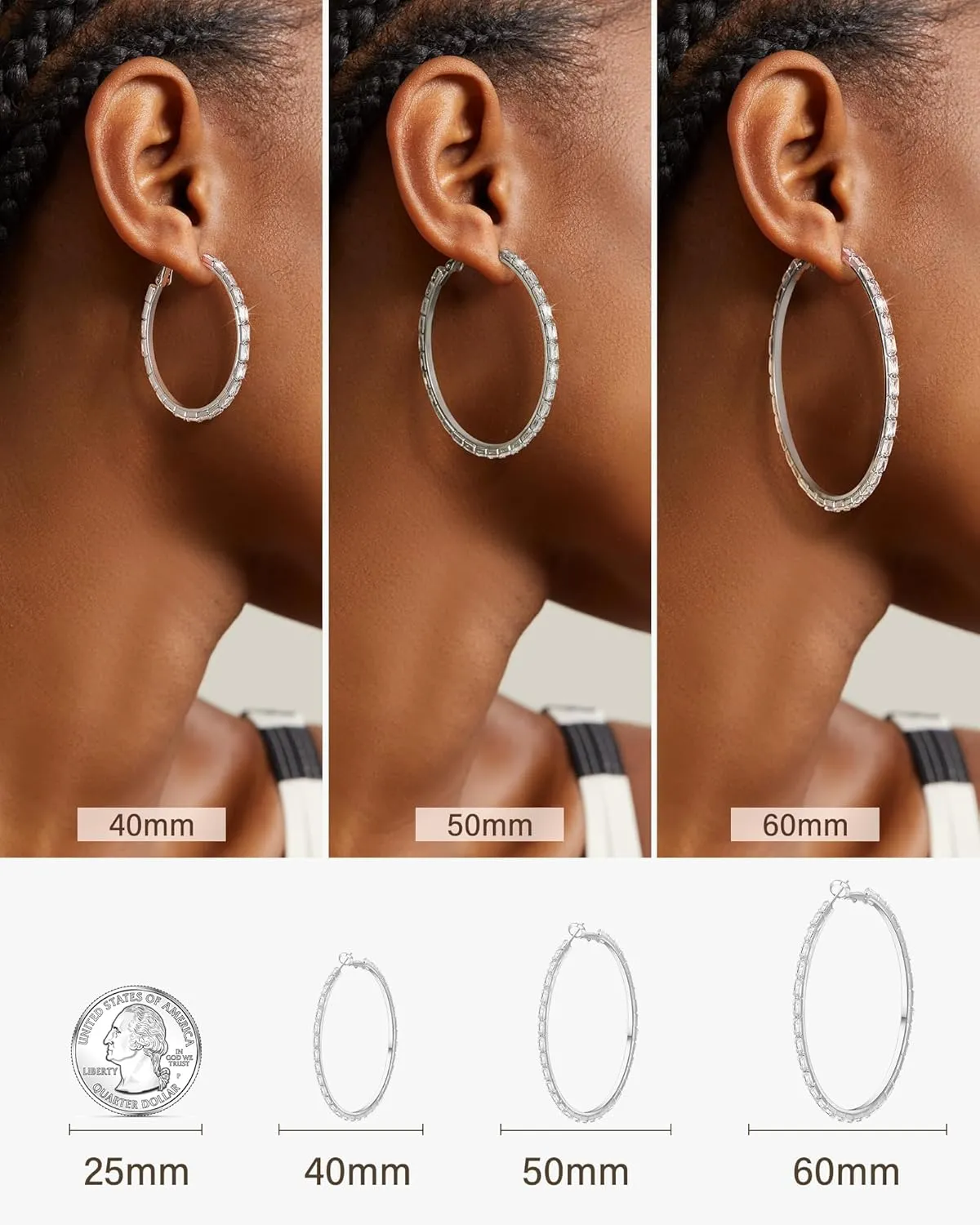 Black Earrings for Women Large Rhinestone Hoop Earrings 14K Gold Silver Plated Big CZ Hoop Earrings Hypoallergenic Jewelry With Crystals For women 40/50/60 mm