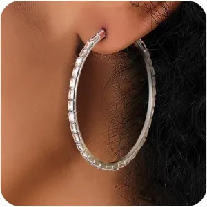Black Earrings for Women Large Rhinestone Hoop Earrings 14K Gold Silver Plated Big CZ Hoop Earrings Hypoallergenic Jewelry With Crystals For women 40/50/60 mm