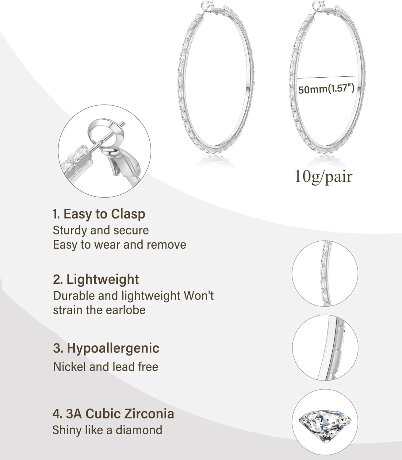 Black Earrings for Women Large Rhinestone Hoop Earrings 14K Gold Silver Plated Big CZ Hoop Earrings Hypoallergenic Jewelry With Crystals For women 40/50/60 mm