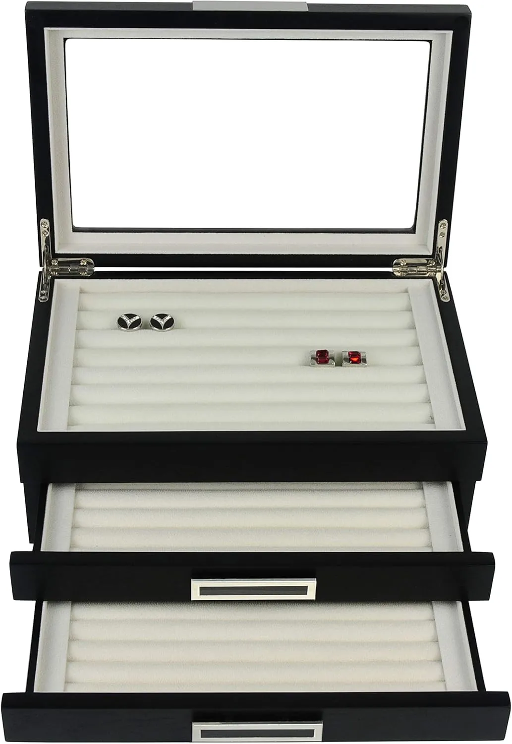 Black Ebony Wood Cufflink Case & Ring Storage Organizer with Stainless Steel Engravable Design Accent Men's Jewelry Box for 108 Cufflinks