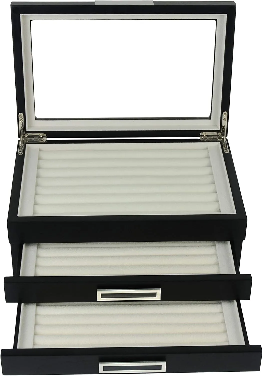 Black Ebony Wood Cufflink Case & Ring Storage Organizer with Stainless Steel Engravable Design Accent Men's Jewelry Box for 108 Cufflinks
