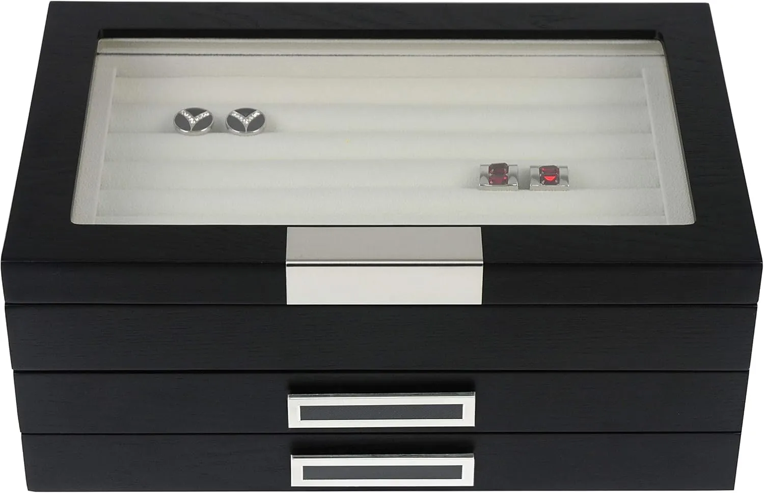 Black Ebony Wood Cufflink Case & Ring Storage Organizer with Stainless Steel Engravable Design Accent Men's Jewelry Box for 108 Cufflinks