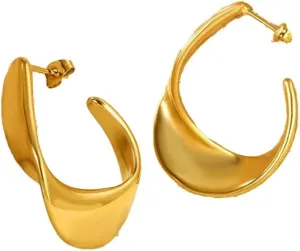 BLUANDSI Vintage Style C Shape 18K Gold Plated Ear Studs