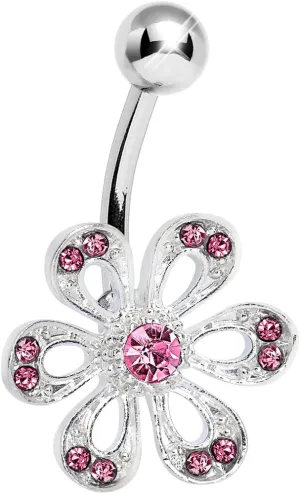Body Candy Pink Sparkling Spring Flower Stainless Steel Bar Belly Button Ring