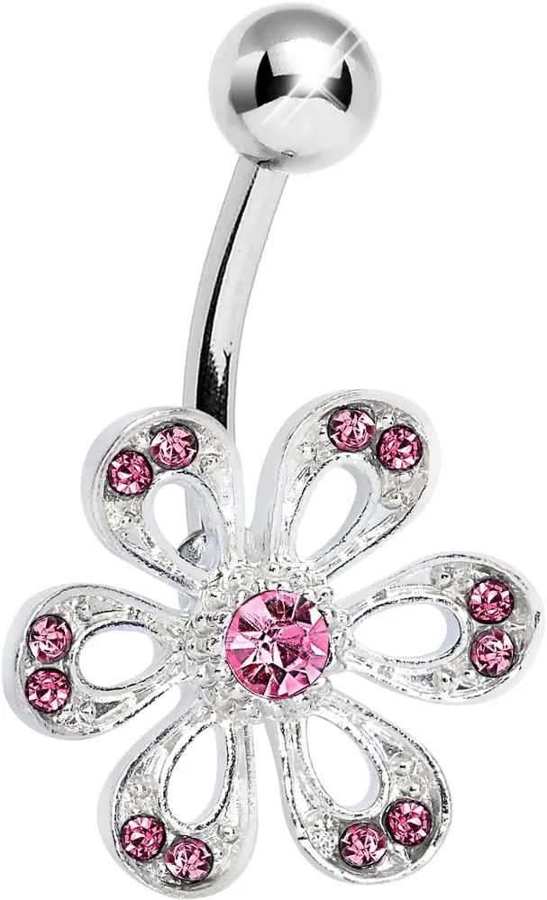 Body Candy Pink Sparkling Spring Flower Stainless Steel Bar Belly Button Ring