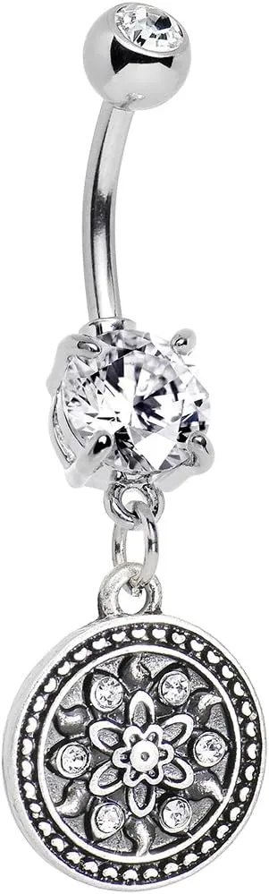 Body Candy Stainless Steel Clear Sparkling Mandala Medallion Dangle Belly Ring