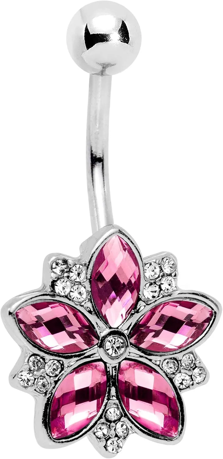 Body Candy Steel Sparkling Snow Flower Charm Belly Button Ring