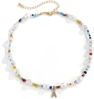 Boho Natural Freshwater Pearl Fun Flirty Layered Beaded Choker Necklace for Women Handmade Y2K Trendy Necklace Colorful Bead Baroque Pearl Shell Necklace Summer Jewelry