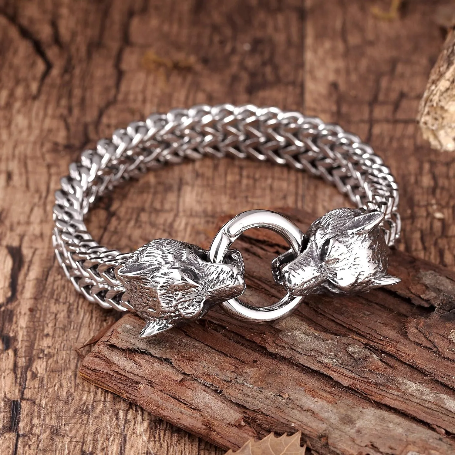 Bold Mens Biker Bracelet  Skull, Wolf, and Foxtail Chain Designs in Polished Silver & Black Genuine Leather  Rust & Discoloration Resistant Stainless Steel  Jewelry Gift or Accessory for Men